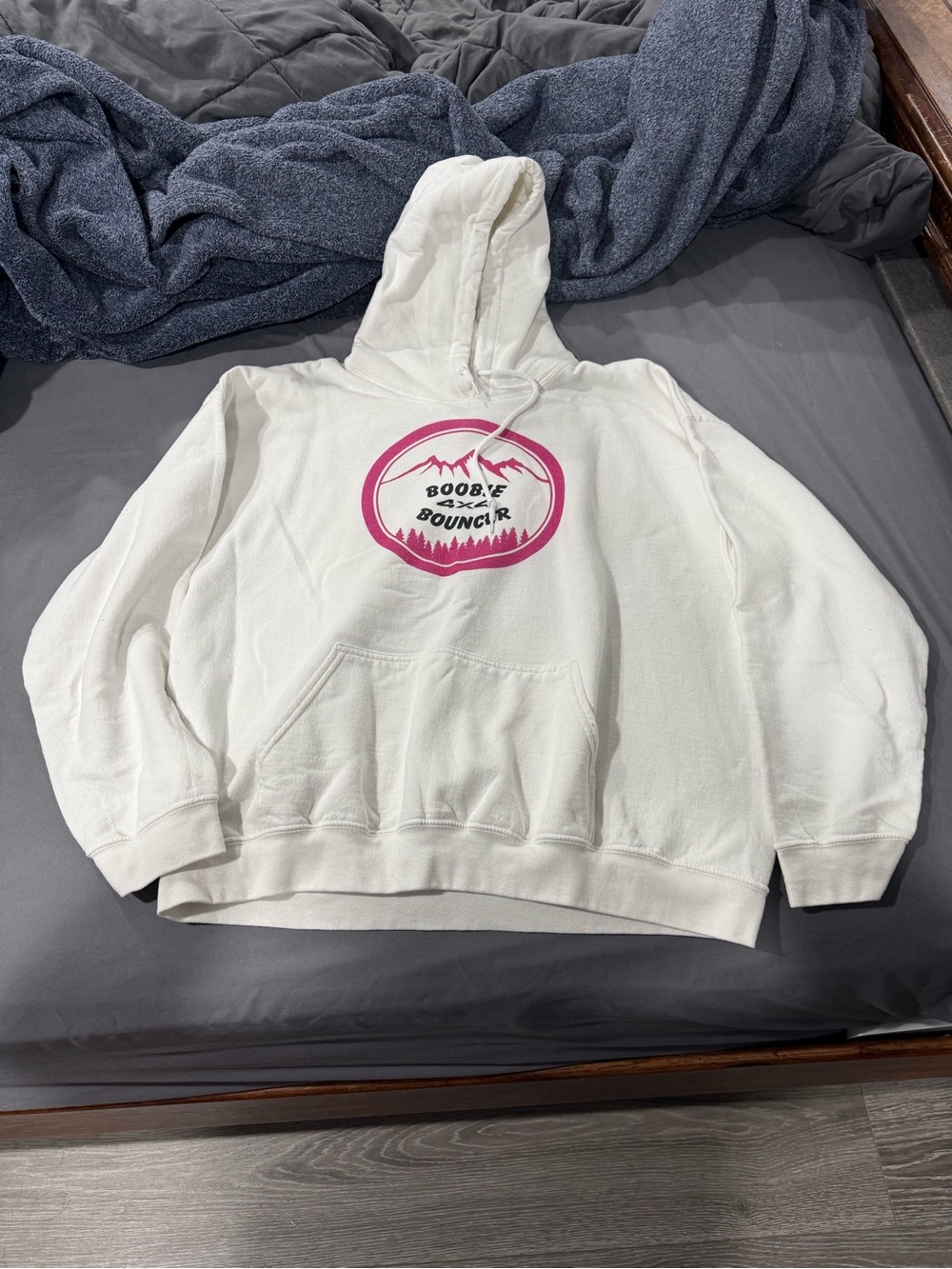 Boobie Bouncers White Hoodie with Pink Mountain Graphic